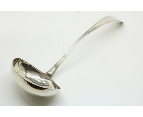A Dutch silver soup ladle, 1831, by MEIJER, The Hague, 835/000,  w. 220 gr., l. 36cm.Zilveren soepdienlepel, gladde ovale bak