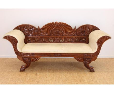 Teak bench with carved fan railing and cream fabrics upholstery, Indonesia, h. 94, w. 195, 57 cm. (upholstery  defective and 