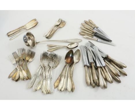 Silver plated cuterly for 12-persons: 12 dinner knives, 12 dinner  spoons , 12 dinner forks, soup ladle, 11 breakfast knives,
