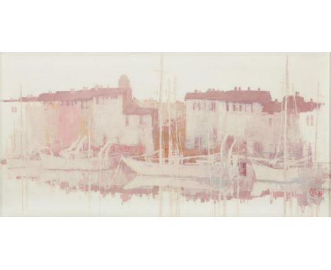 Unknown, unknown. sig. and dat. 1978, r.b. ships at harbor gate, canvas 39 x 79 cm.Onbekend, onduid. ges. en gedat. 1978, r.o