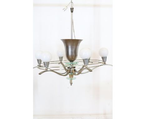 Plated Art Deco hanging lamp with 6 lampshades h. 90 cm.Plate Art Deco hanglamp met 6 melkglazen bollen en glas accenten,  h.