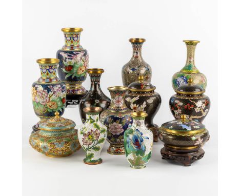 Twelve pieces of Cloisonné enamelled vases and trinket bowls. Three&nbsp;pairs.Dimensions: (H:23 cm)