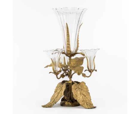 An 'Epergne' or 'Table Centerpiece', bronze and glass trumpet vases. &nbsp;Patinated bronze with glass vases, for flowers.&nb