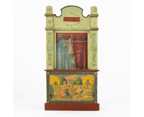 An antique Puppet theatre, Guignol.Polychrome wood and printed decors. The backgrounds can be replaced/removed.&nbsp;Dimensio