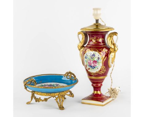 Limoges and Sèvres marks, a lamp base and a tazza with a hand-painted flower decor.Dimensions: (H:40 cm)