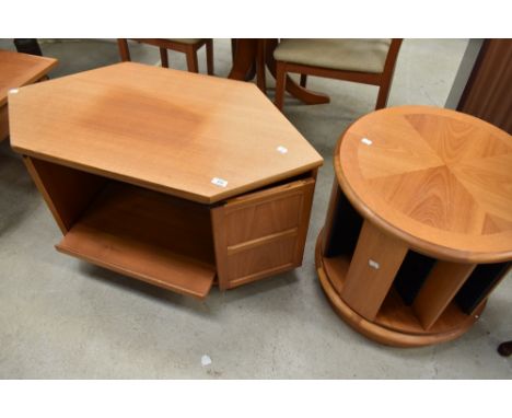 A Nathan teak TV unit and similar revolving CD table having circular top.
No glass shelf in tv unit.