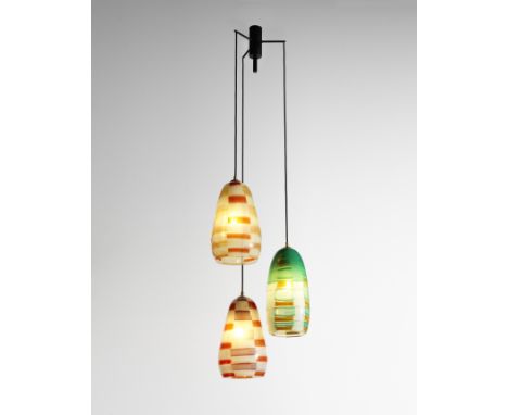 Ercole BarovierCeiling light, 1950s'Tessere' glass, brass.160 cm dropProduced by Barovier &amp; Toso, Murano, Italy.This lot 