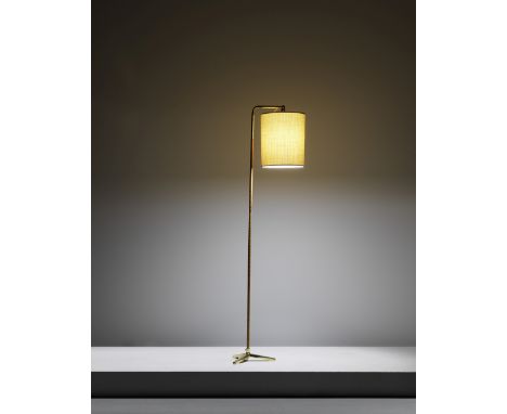 PAAVO TYNELLStandard lamp, model no. 9631, 1950sBrass, cane, fabric shade.146 cm highManufactured by Taito Oy, Helsinki, Finl