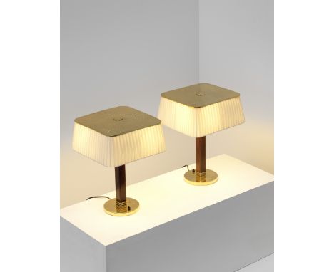 Paavo TynellPair of desk lamps, model no. 5066, 1950sPerforated brass, brass, birch, fabric shade.Each: 41 cm highManufacture
