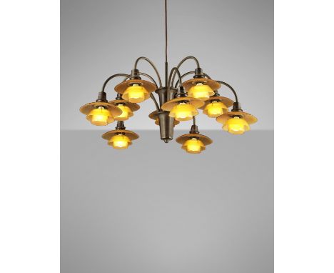 Poul HenningsenTen-armed 'Cascade' ceiling light, model type 1/1 shades, circa 1933Patinated tubular brass, opaque glass, Bak