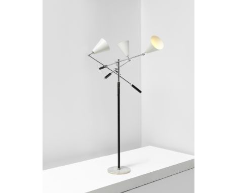 Angelo Lelii'Triennale' three-armed adjustable standard lamp, model no. 12128s, circa 1951 Painted aluminium, marble, brass, 