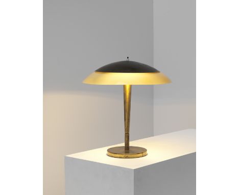 Paavo TynellTable lamp, model no. 5061, 1950sBrass, coloured glass.38.5 cm high, 36 cm diameter.Manufactured by Taito OY AB, 