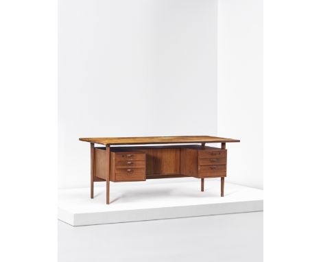 Kai KristiansenDesk, model no. FM 59, 1960sTeak. 73 x 179 x 85 cm Produced by S.B Feldballes Møbelfabrik, Aarhus, Denmark.Foo