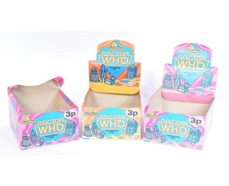 Doctor Who - Goodies - a collection of x3 vintage 1980s corner shop counter-top boxes for Goodies Chewy Bars (x2 Raspberry an