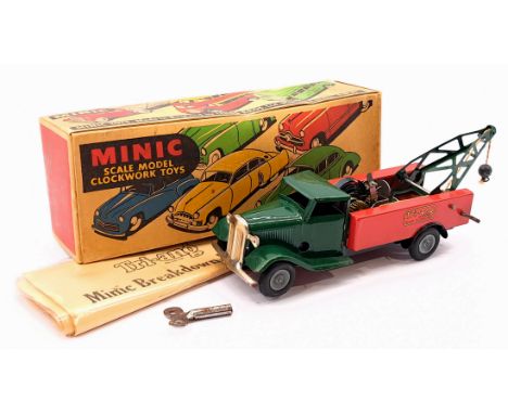 Triang Minic Post War Breakdown Lorry 48M, tinplate, clockwork, green cab, red body, with key, within Good box with instructi