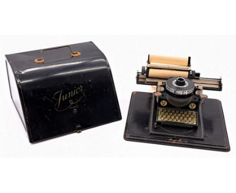 Gebruder Schmidt Junior Typewriter, model 3, tinplate, with lid, scuffs and scratches to paint throughout, untested, Good to 