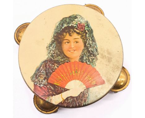 Vintage Tambourine Biscuit Tin, Spanish lady with fan image to lid, marked on back United Co-operative Baking Society LTD Gla