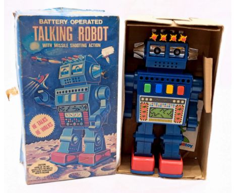 Talking Robot, made in Hong Kong, plastic, battery operated (untested but has a small amount of corrosion to connecting point