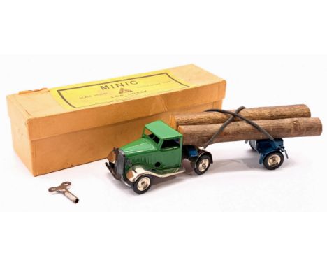 Triang Minic Pre War Log Lorry 74M, tinplate, clockwork, green cab, blue body, log load, with key, within Good box, some tarn