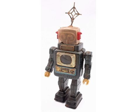 Alps (Japan) Television Spaceman tinplate robot, dark grey with black feet, clear plastic television screen to chest, clear p