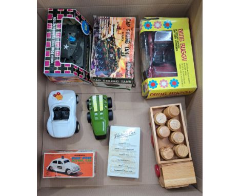 Mixed tinplate and other group including: Marx Cap Firing Tank; Tonka vehicles; Asahi (Japan) Super Tiger 1 Tank; plus others