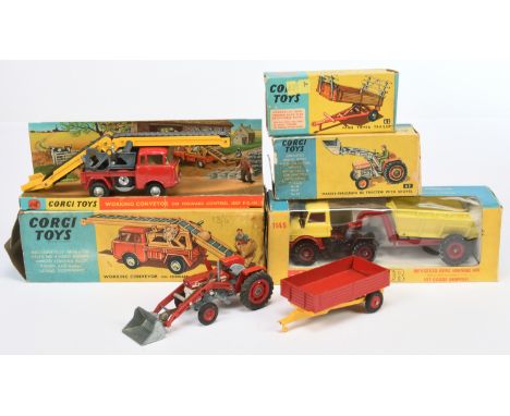 Corgi Toys Group Of 4 - (1) 62 Tipping Trailer, (3) 69 Massey Ferguson Tractor With Shovel, (3) 64 Toward Jeep With Conveyor 