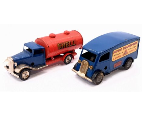 Triang Minic pair including: (1) Shutter Van 103M, tinplate, clockwork, dark blue; (2) Petrol Tanker 15M, tinplate, clockwork