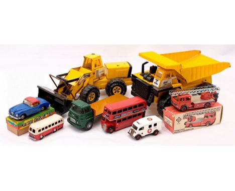 Mixed vehicle group including: Tonka construction vehicles, Triang Minics (all have been repainted); plus others, Fair Plus t