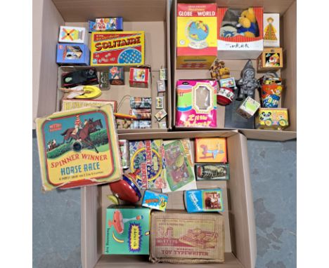 Tinplate and vintage game group including: tinplate novelties, tin buckets, Chad Valley Globe, spin top, Solitaire, cast iron