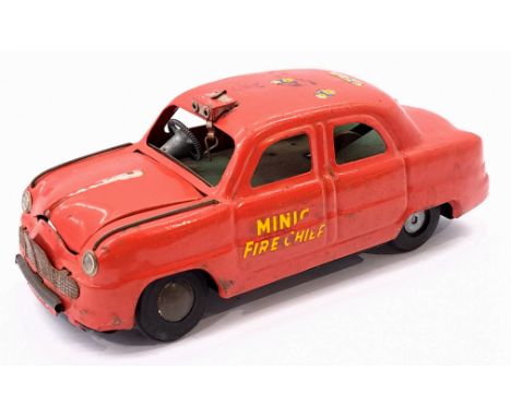 Triang Minic tinplate "Push &amp; Go Fire Chief" - tinplate friction drive larger scale model of a Mk.1 Ford Zephyr in red Fi
