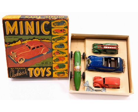 Triang Minic Presentation Set No. 1 includes: Streamline Sports Tourer 14M; Racing car 13M, Royal Mail Van 96M; Post Office T