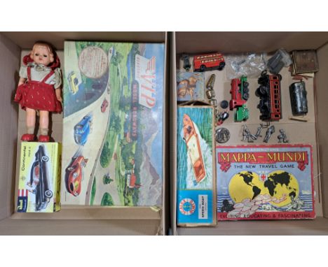 Mixed tinplate and other group including: Victory Industries Model Roadway Set, Brimtoy pockettoy; Scalex Boats Speed Boat; W