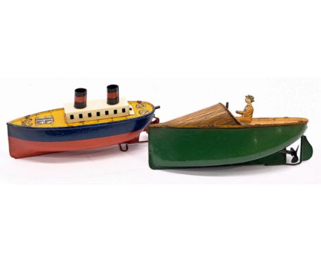 Germany Tinplate Boat pair including: (1) Bing, green hull, tinprinted deck and driver, areas of surface wear and rust, touch