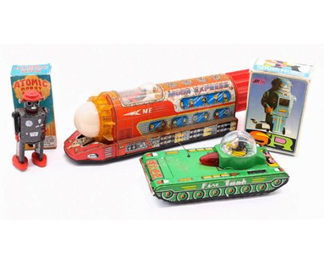 Tinplate space group including: (1) Re-issue Atomic Robot Man; #92) Spark Robot; (3) T.P.S Japan, Moon Express; (4) Chinese m