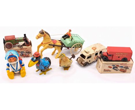 Tinplate novelty group including: Brimtoy Pocketoy, Eldon Billy Blastoff, Russian plastic horse and cart, Triang Minic; plus 