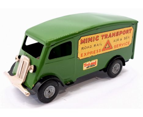 Triang Minic Push &amp; Go Shutter Van, No. 3159, tinplate, green, some wear to decals, spidering to paint, scuff to back of 