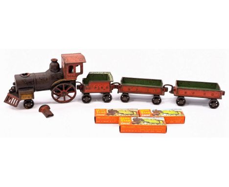 J. E. Stevens cast iron Big 6 train set, locomotive, tender, UPRR open gondola cars, chips to paint throughout, plus three x 