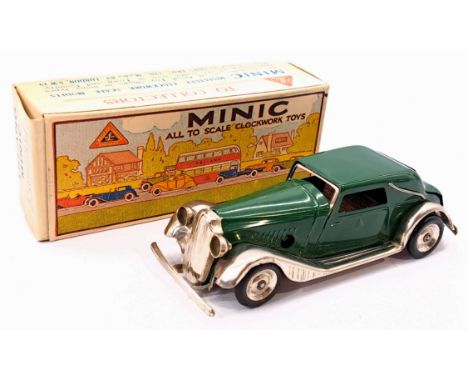 Triang Minic Pre War Vauxhall Cabriolet 19M, tinplate, clockwork, green, chrome running boards, within Good box, cracks to on