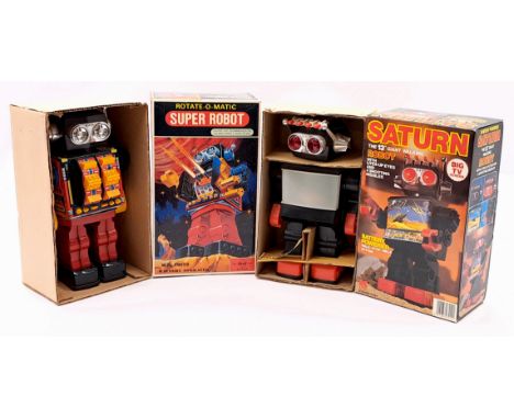 Robot Pair including: (1) Kamco Saturn Robot, China, plastic, battery operated (untested but has clean battery compartment); 