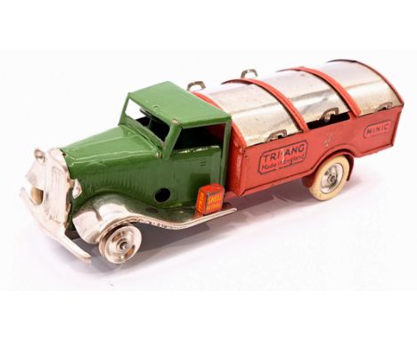 Triang Minic Pre War Dustcart 32M, tinplate, clockwork, green cab, red body, MISSING passenger side tyre, chips throughout, t