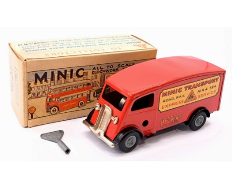 Triang Minic Post War Shutter Van 103M, tinplate, clockwork, red, with key, within Good Box (small tear), some light age rela