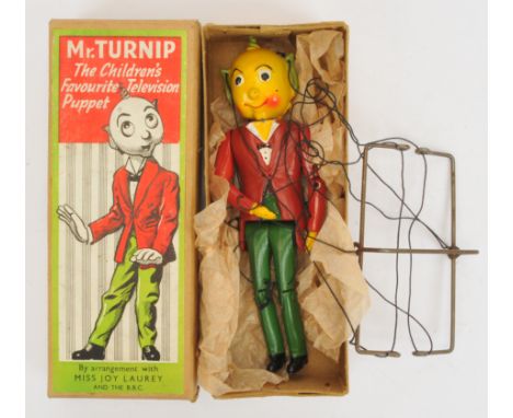 Luntoy "Mr Turnip" Puppet - This metal example is finished in red, green and yellow with original string - Excellent overall 