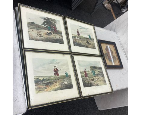 Four framed hunting scene prints and one other largest measures approximately 15 inches tall by 13 wide