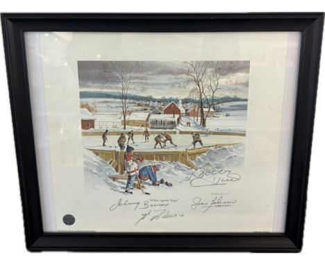 Hockey memorabilia,  framed autographed lithograph, autographs include Johnny Bower, Bobby Hull, Jean Beliveau etc, with COA,