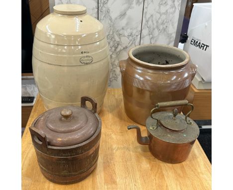 Selection of vintage items includes copper kettle, 4 gallon barrel etc