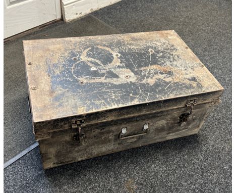 Vintage trunk measures approx 32 inches wide x 19.5 tall x 14 deep