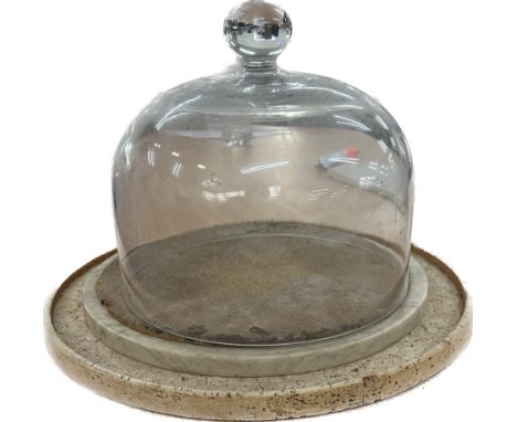 Glass cheese dish on marble base measures approximately 8 inches in diameter