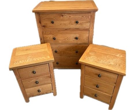 Light oak four drawer chest and a 2, 3 drawer bedside cabinets