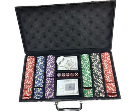 Cased set of Calgary flames poker chips, cards, dice