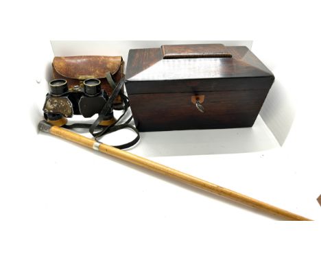 Victorian rosewood tea caddy, binoculars and a silver mounted conductors baton